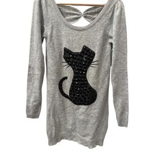 Vintage Y2K  Joyce Lesley Rhinestone Cat Sweater Dress Women's Medium Gray Bow